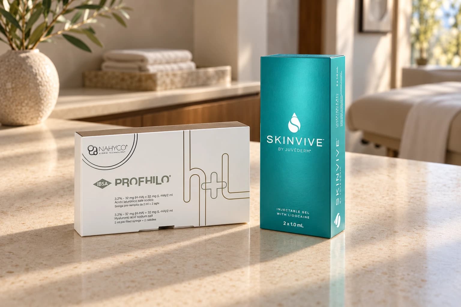 Envases cerrados de Profhilo y Skinvive by Juvéderm sobre una encimera de piedra en un entorno clínico cálido.