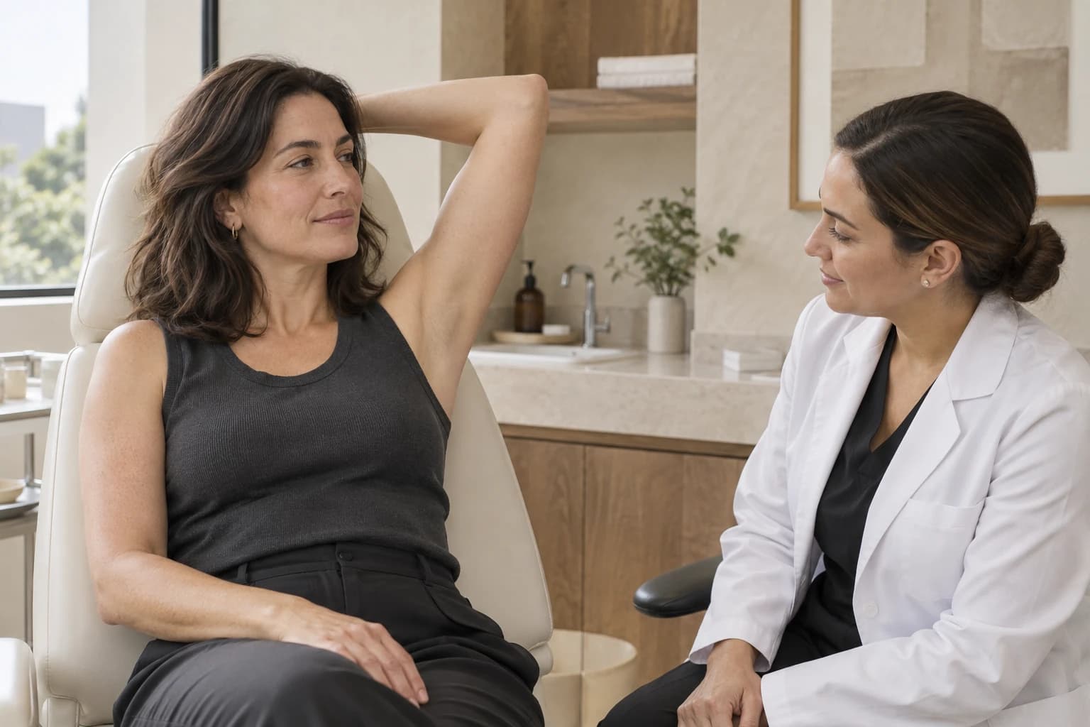 Paciente con el brazo levantado durante una valoración médica de la zona axilar, sin procedimiento en curso.