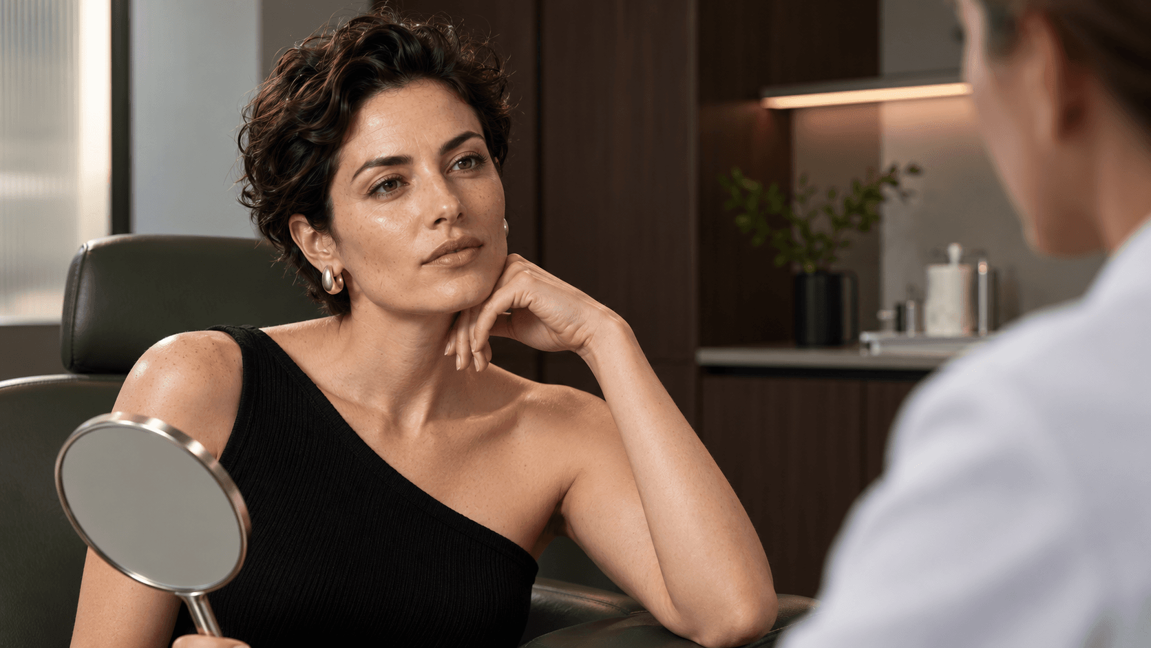 Adult woman holding a hand mirror and listening to another person during a consultation, with her face and natural expression visible.