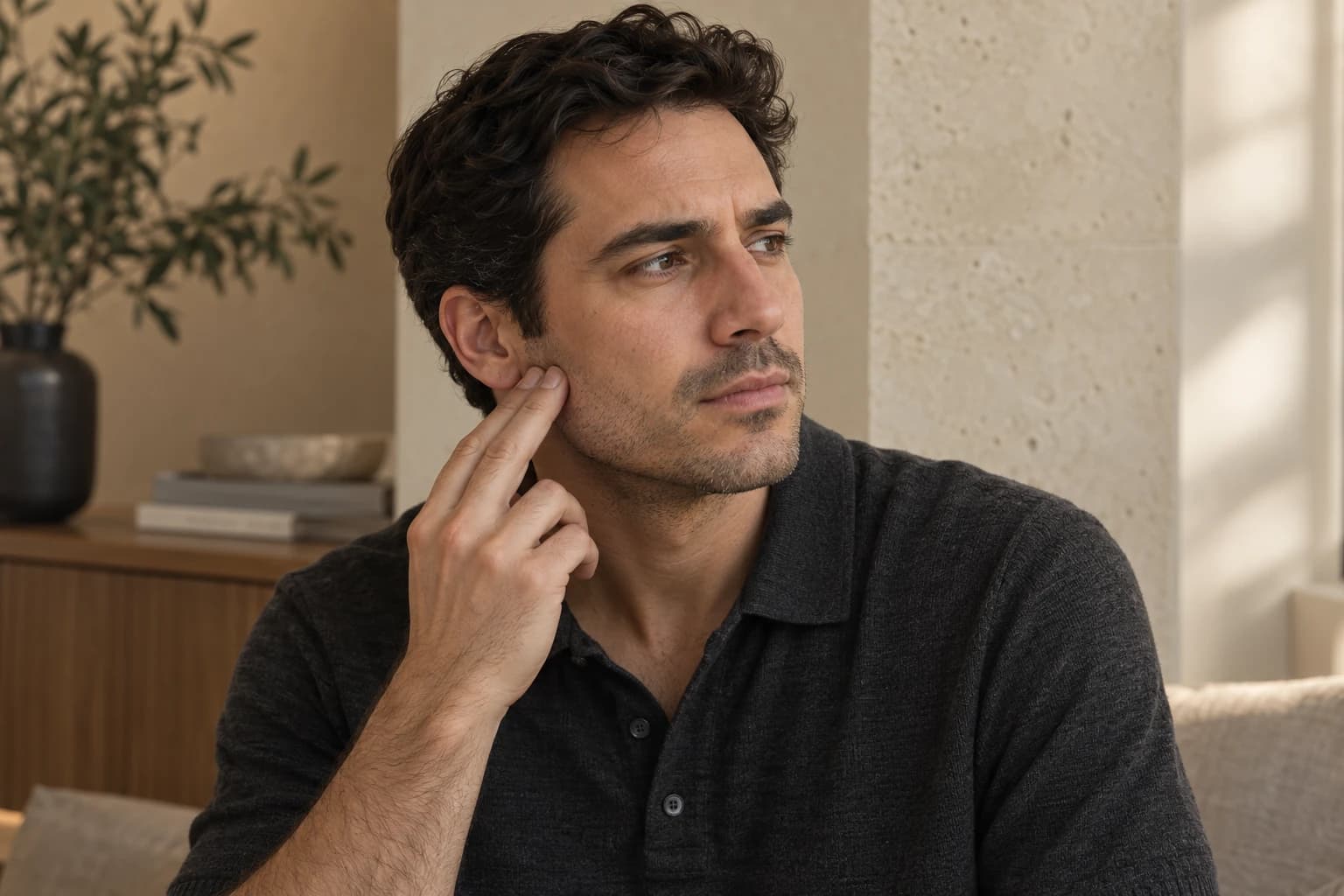 Hombre adulto que apoya suavemente dos dedos en un lado de la mandíbula, en una escena editorial sobre tensión mandibular.
