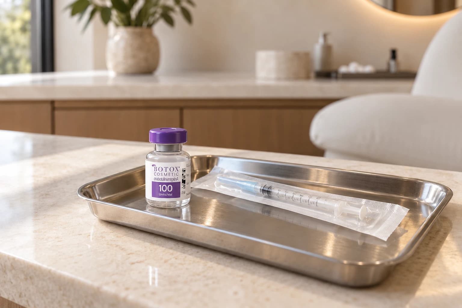A BOTOX Cosmetic vial with a purple cap and visible label beside a syringe in sealed packaging.