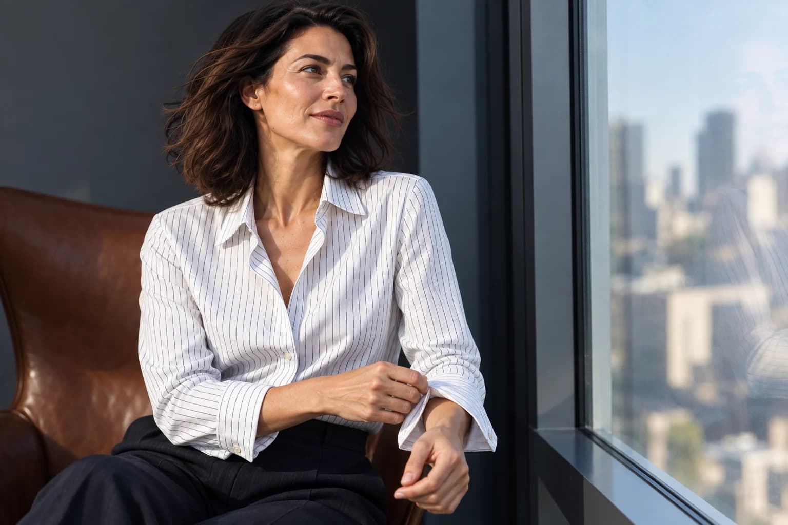 Woman in a striped shirt adjusting a sleeve with her forearm visible, seated beside a window overlooking the city.