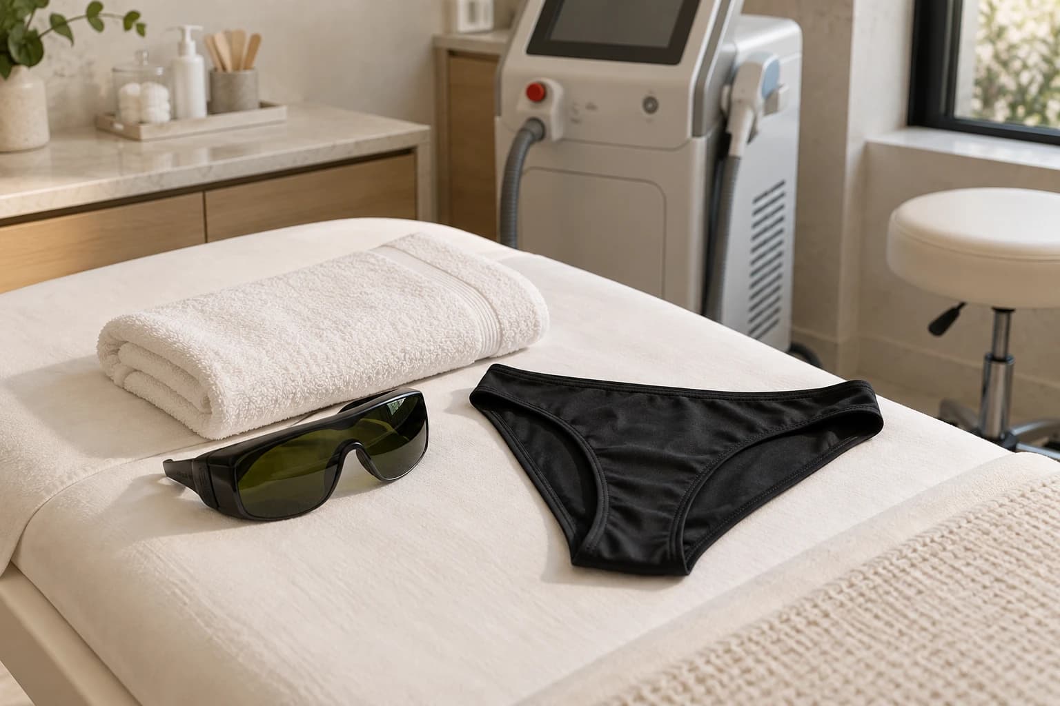 Gafas de protección, una toalla clara y una prenda de bikini sobre una camilla, en una sala de depilación láser.
