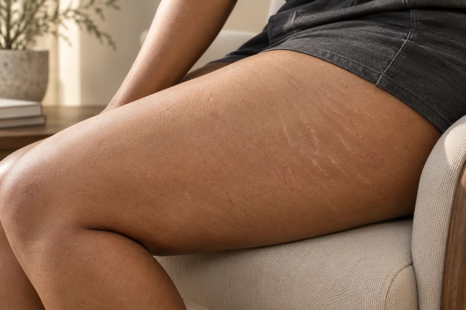 Detalle de estrías naturales en la cara externa del muslo de una persona adulta, con ropa opaca y luz suave.