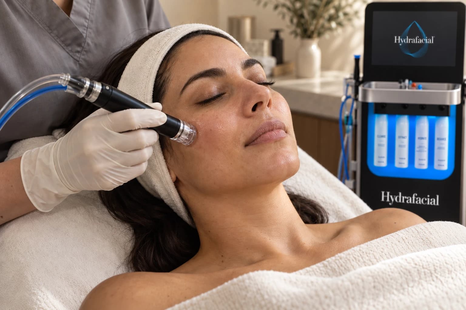 Tratamiento Hydrafacial con pieza de mano negra y punta transparente sobre la mejilla, junto al equipo Syndeo identificado con su marca.