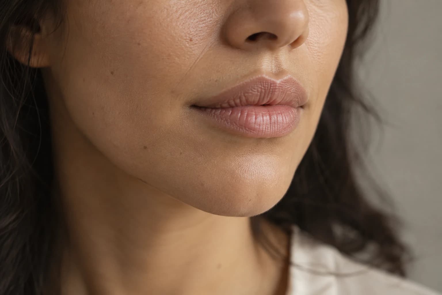 Detalle del contorno y la textura natural de los labios de una mujer adulta, sin procedimientos ni marcas dibujadas.