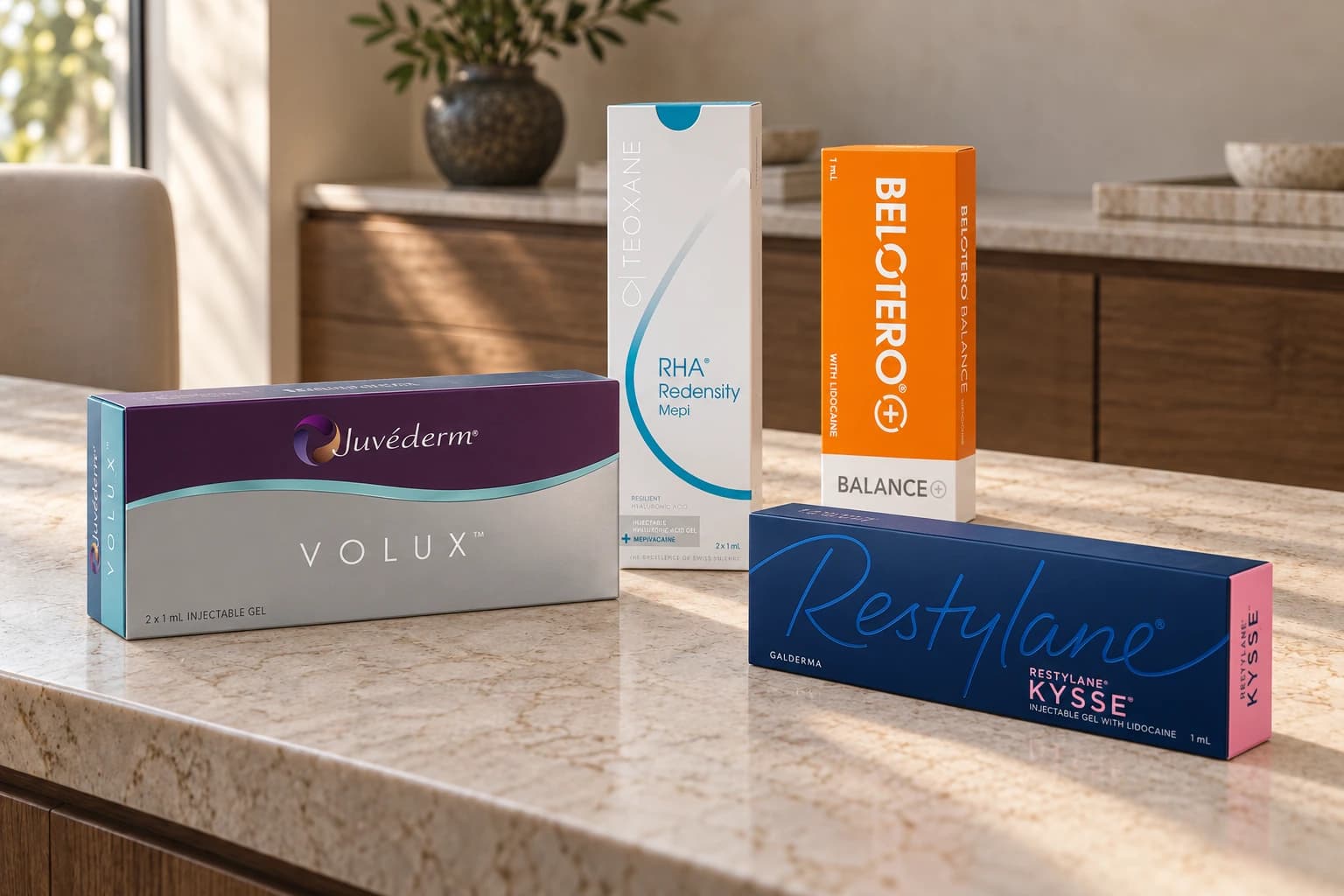 Envases de Juvéderm Volux, Restylane Kysse, Teoxane RHA Redensity Mepi y Belotero Balance+ sobre una superficie de piedra clara.
