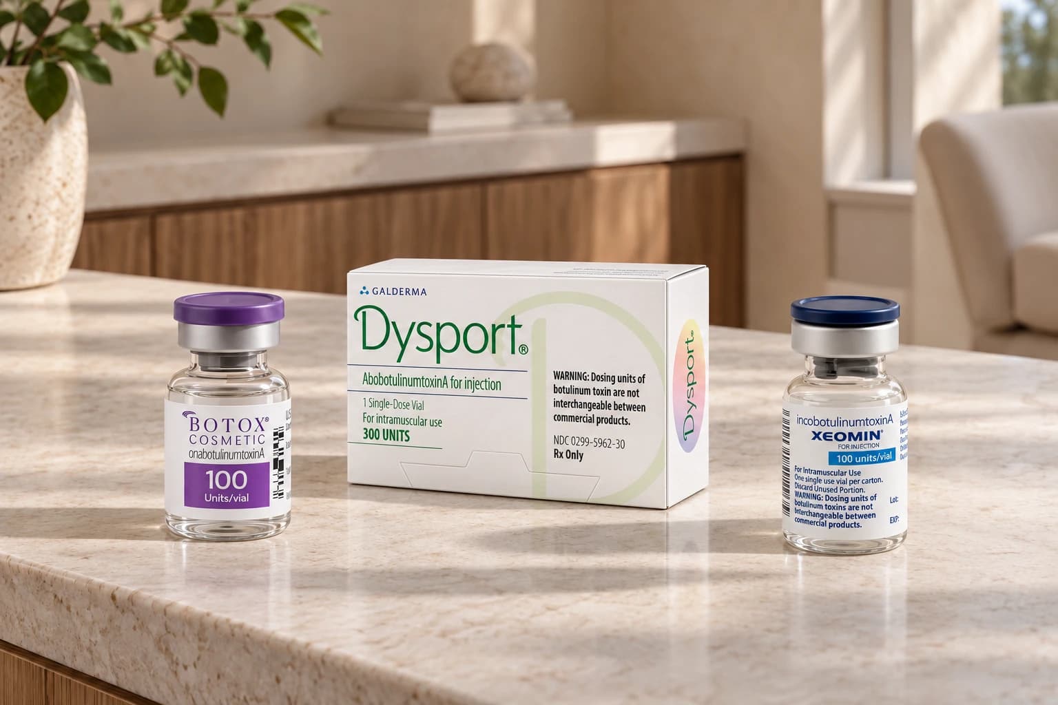 Viales de BOTOX Cosmetic y Xeomin junto a un envase de Dysport, con sus marcas y diseños distintivos visibles.