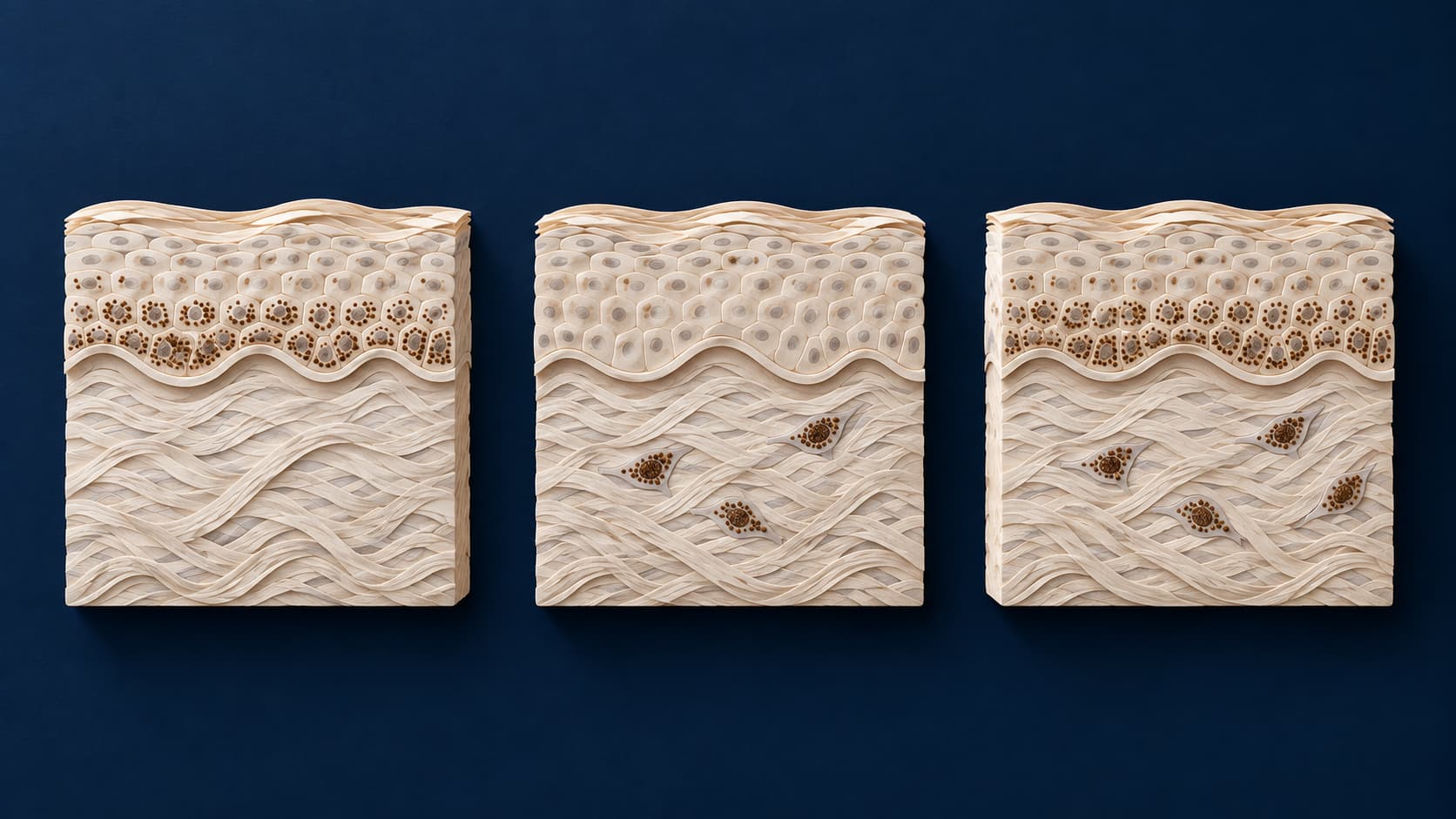 Editorial illustration of three skin cross-sections with superficial pigment, deeper pigment, and both, from left to right.
