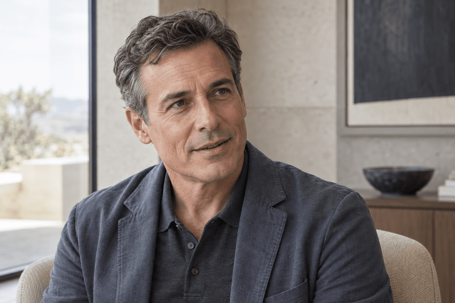 Retrato editorial de un hombre adulto en un entorno de consulta, con los surcos nasogenianos visibles.