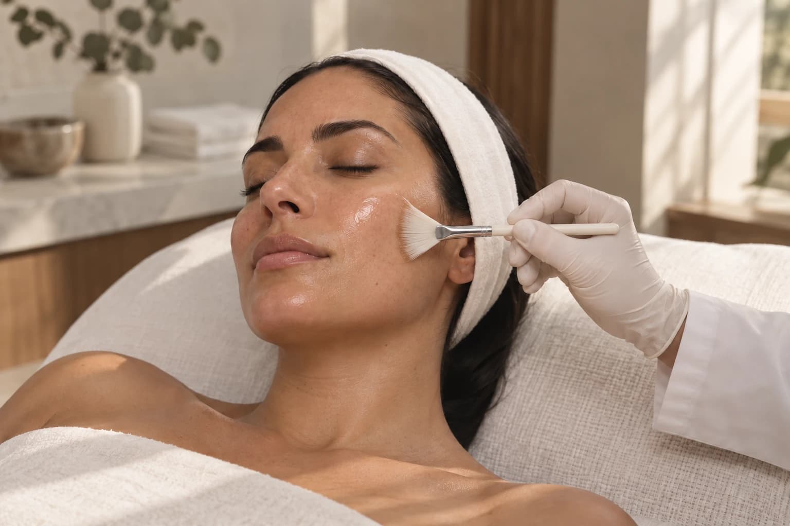 Aplicación profesional de una solución facial con una brocha suave sobre la mejilla de una paciente adulta.