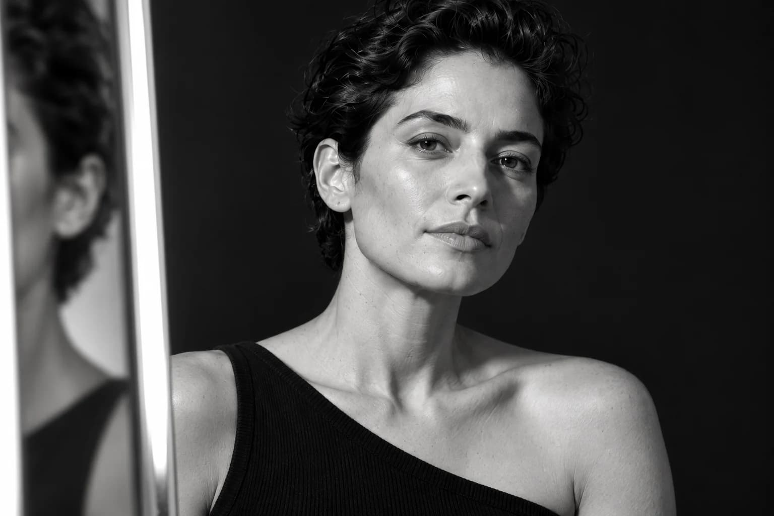 Retrato en blanco y negro de una mujer de cabello corto, con textura natural de la piel y el rostro completo visible junto a un espejo.