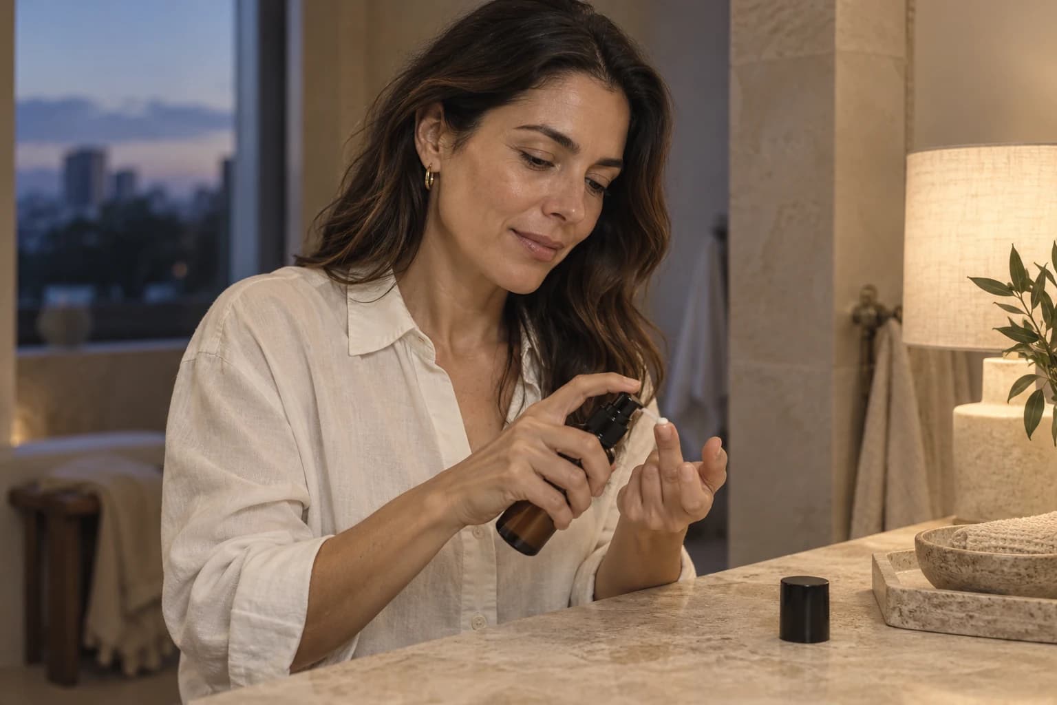Mujer adulta que prepara una pequeña cantidad de crema en su rutina nocturna, junto a un envase opaco de cuidado facial.