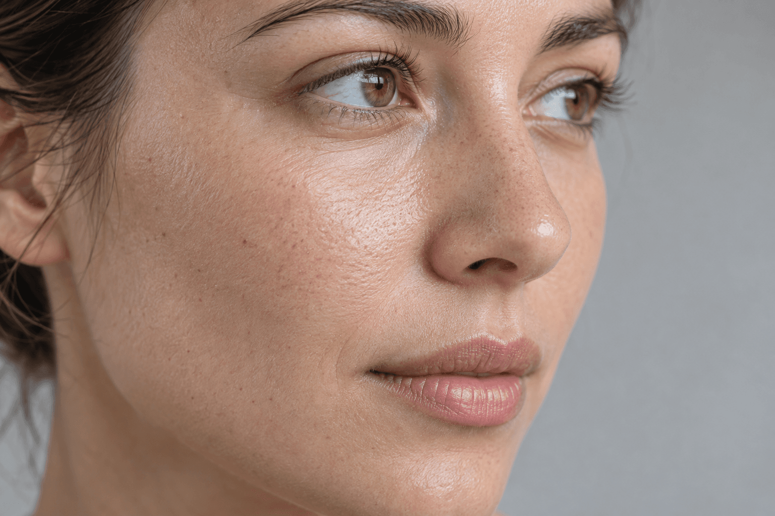Detalle editorial de la nariz y la mejilla de una mujer, con textura natural de la piel.