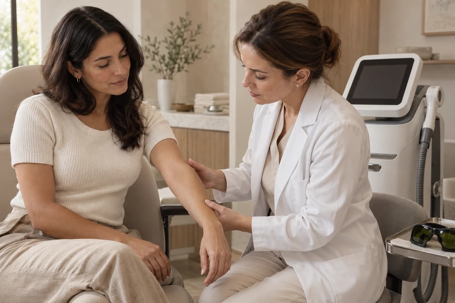 Profesional de salud que valora la piel del antebrazo de una paciente junto a un equipo de depilación láser apagado.