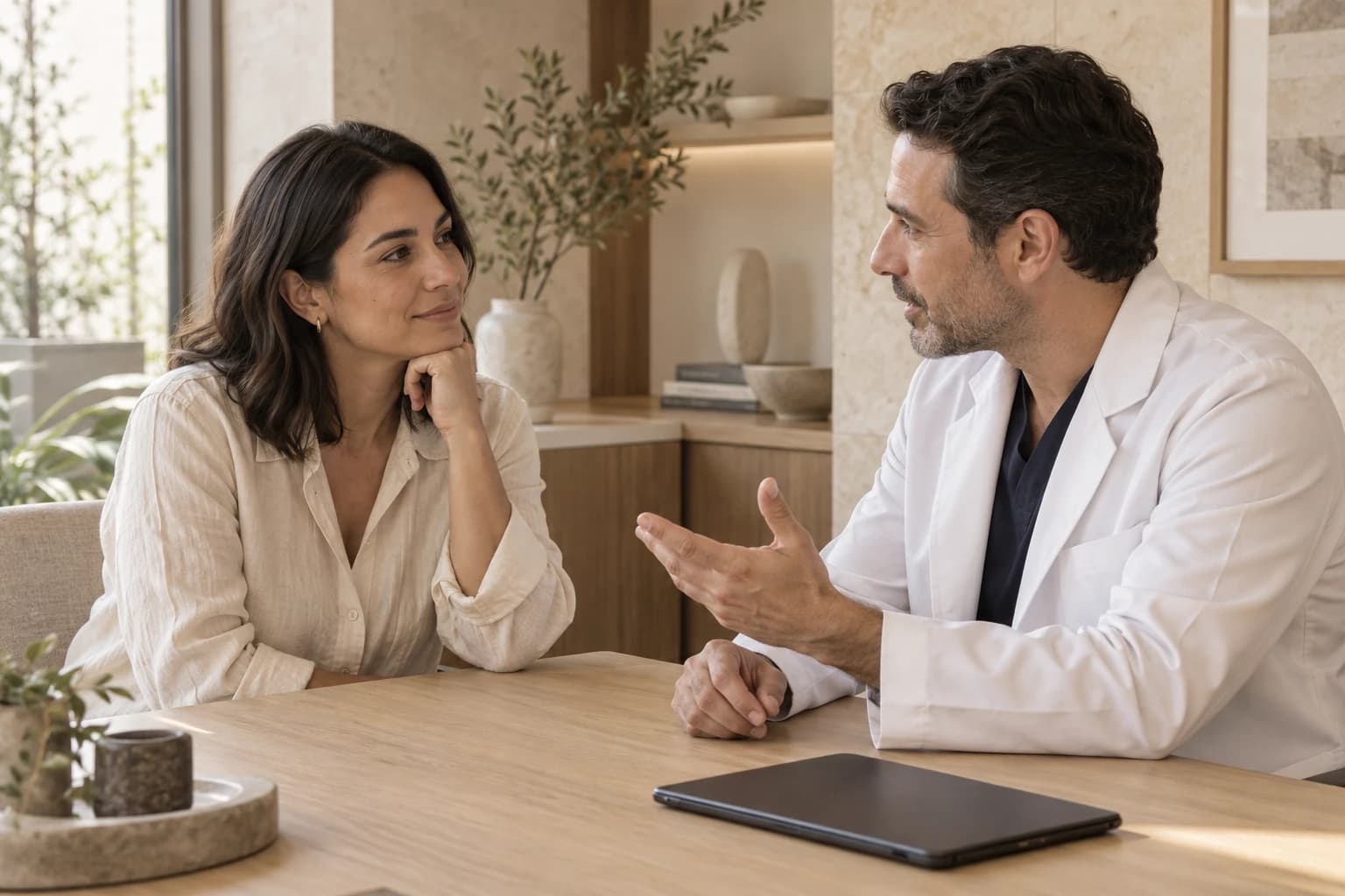 Paciente y dermatólogo durante una conversación sobre opciones de cuidado facial en un consultorio de tonos cálidos.