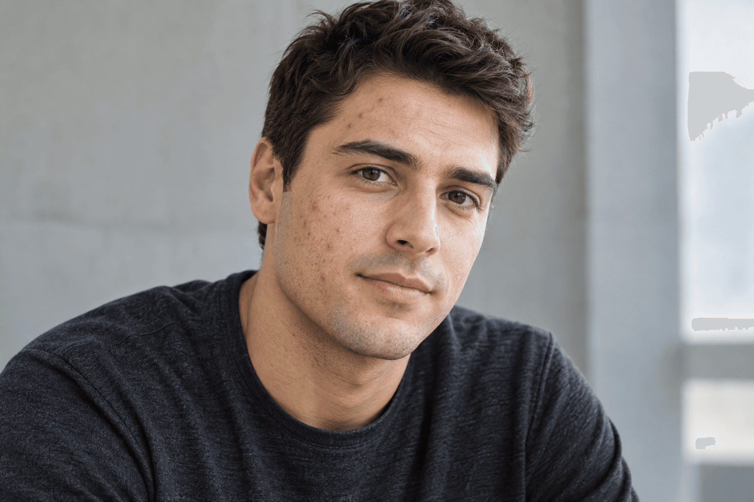 Retrato cercano de un hombre joven adulto con camiseta gris oscuro, de tres cuartos, con textura natural y pequeños granitos visibles en las mejillas y la frente.