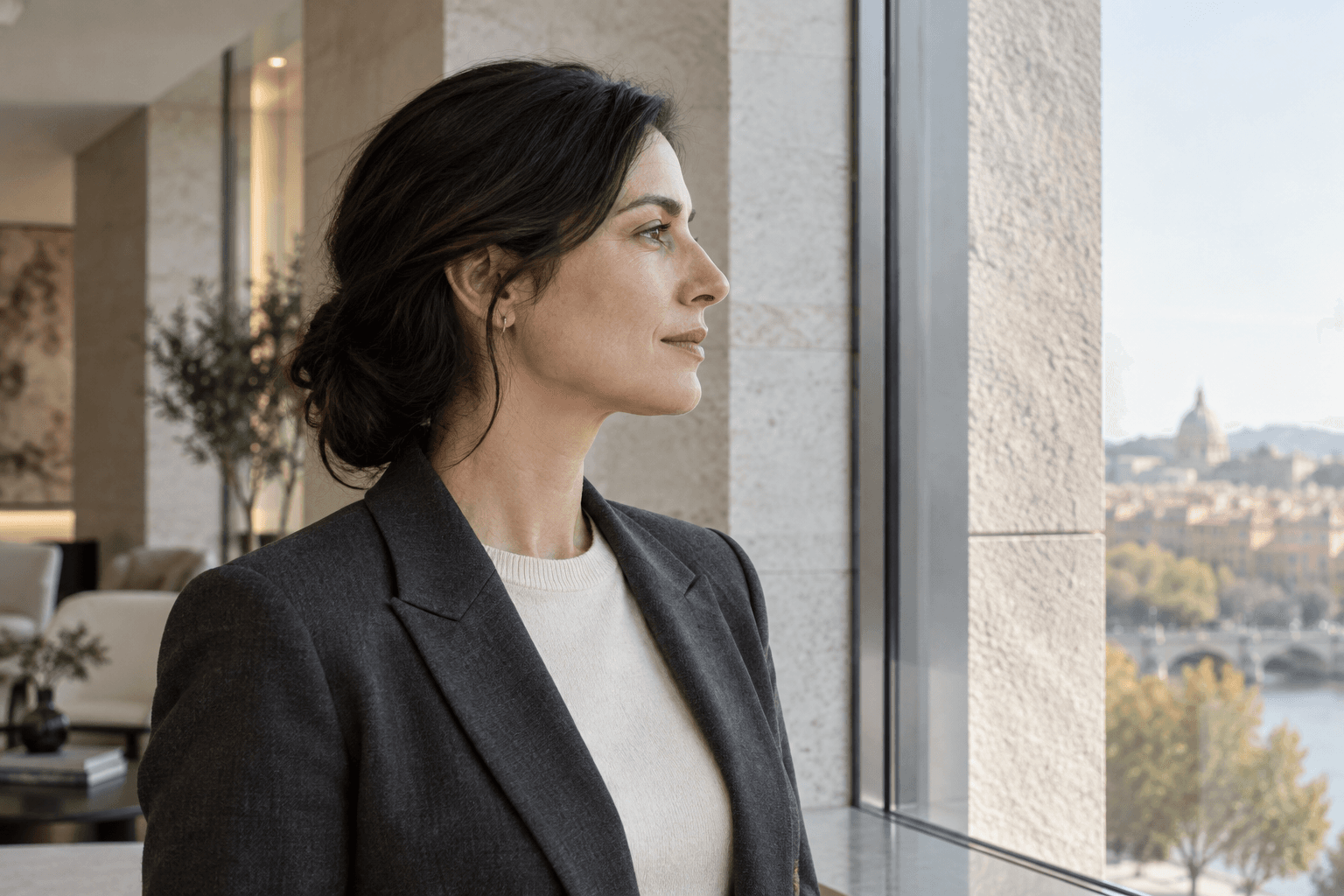Side-profile portrait of an adult woman in a charcoal jacket and ivory top beside a window, with natural nose and chin contours visible.