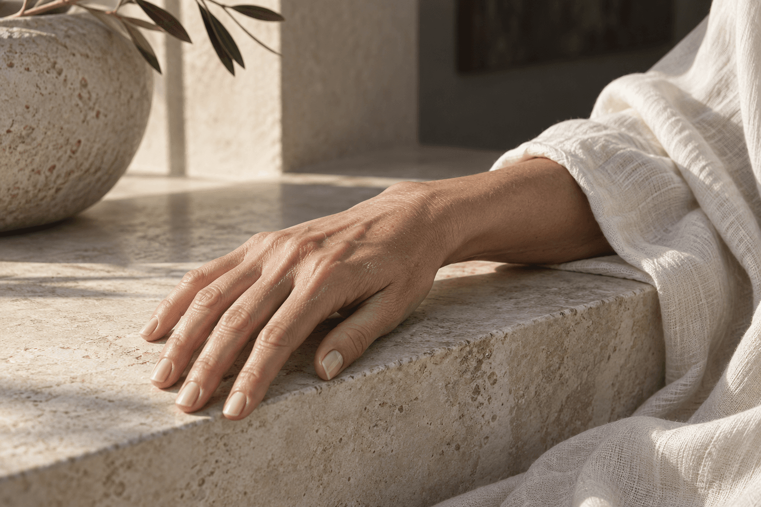 Dorso de una mano adulta apoyada en piedra clara, con textura natural de la piel y una manga de lino marfil.