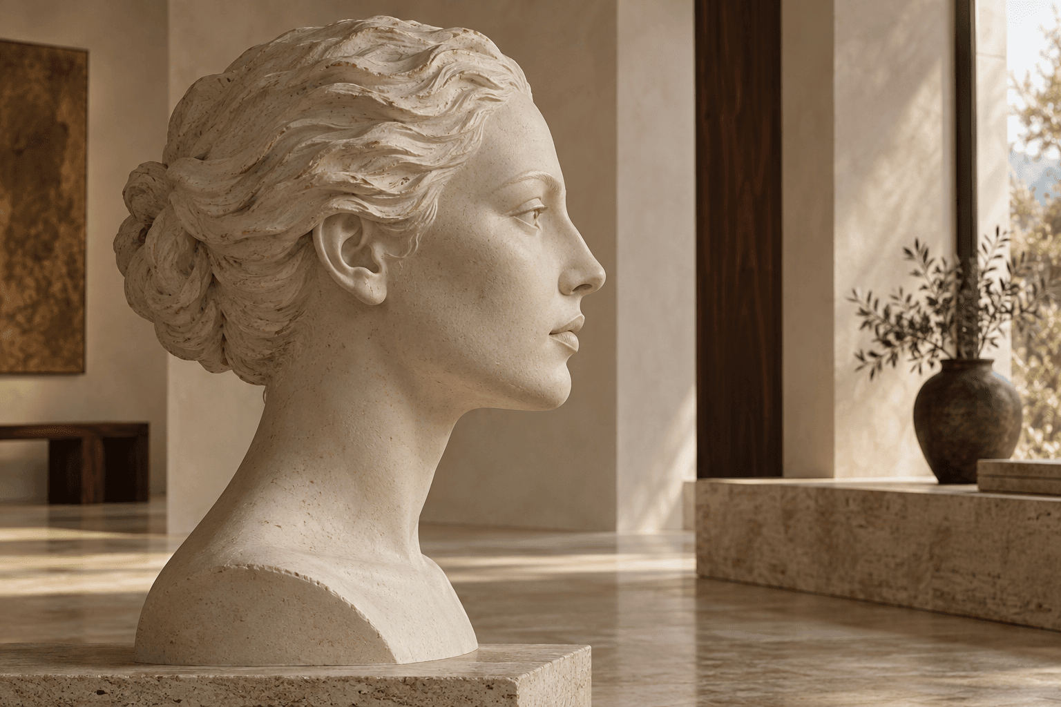 Escultura de un rostro de perfil en una galería con luz natural.