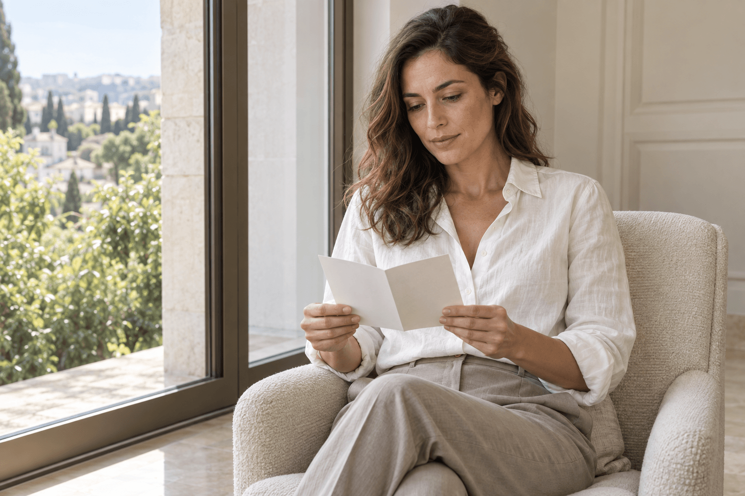 Mujer leyendo un folleto junto a una ventana en casa.