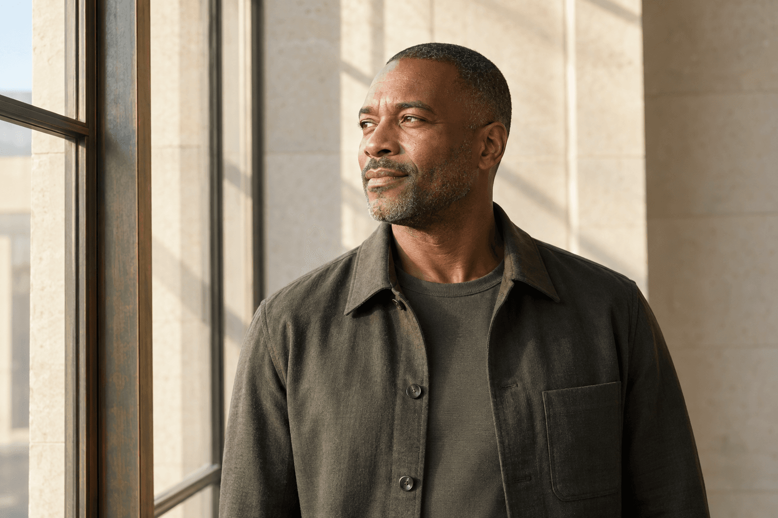 An adult man beside a window, with a natural expression and soft afternoon light across the room.