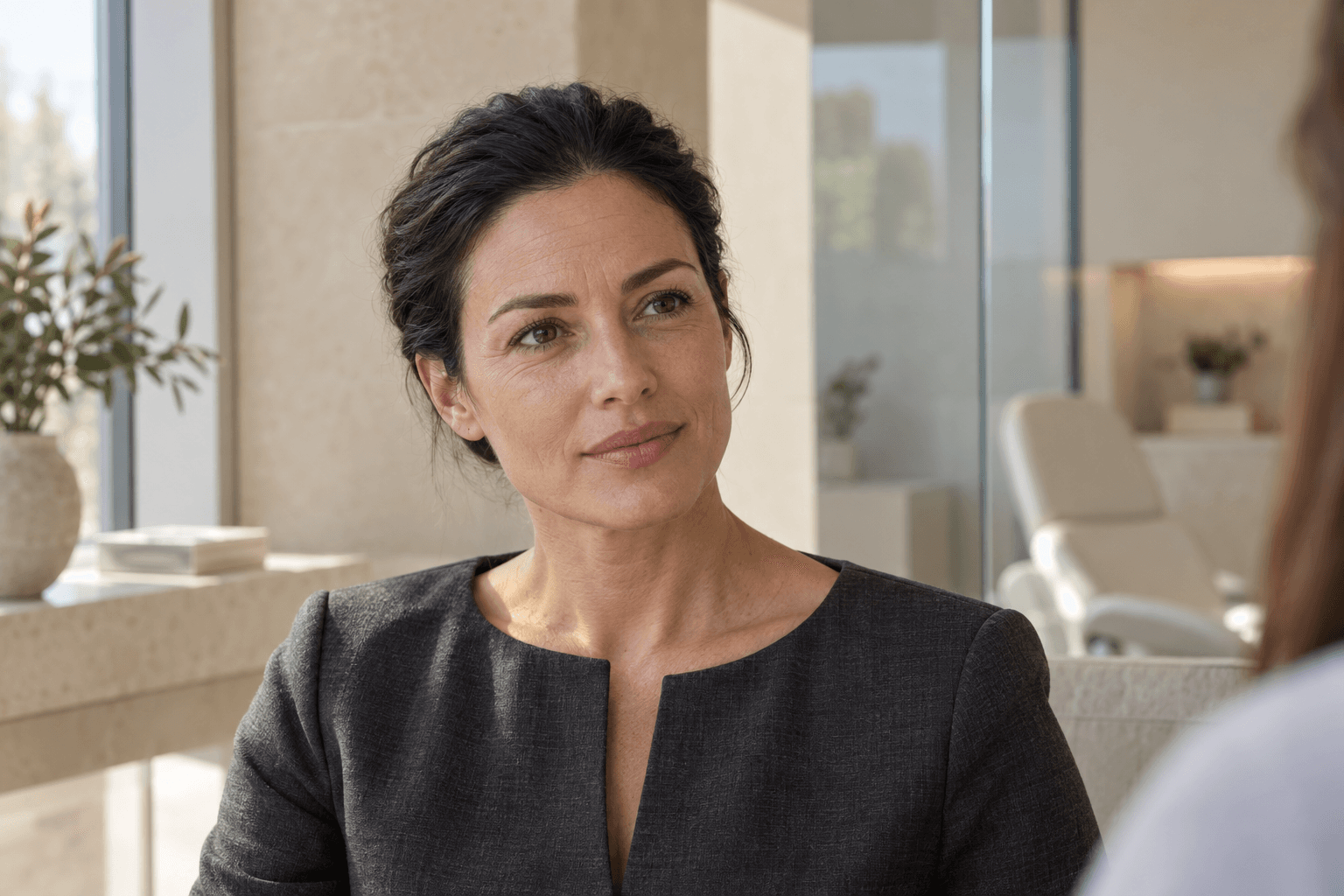 An adult woman listens during a consultation, with her brows and natural facial expression visible.