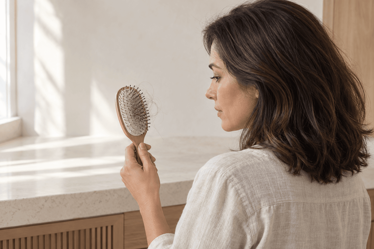 Fictional woman at a daylight vanity observing a few strands in a hairbrush near her shoulder.