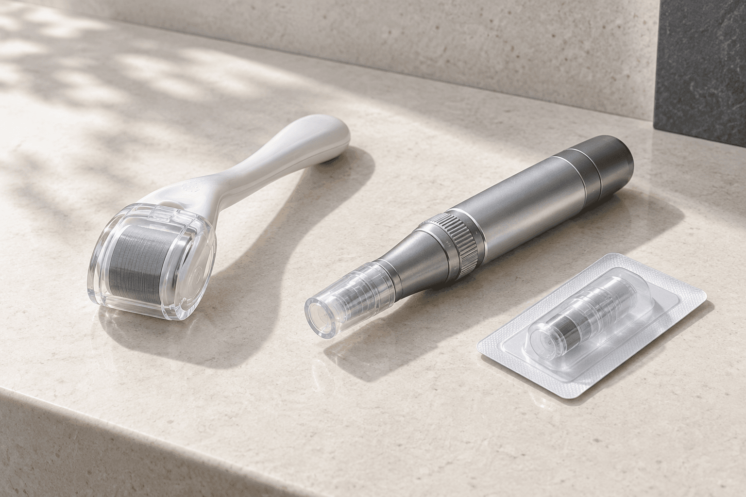AI-generated still life of a covered skin roller, a capped pen-shaped device and a sealed cartridge on an ivory stone surface.
