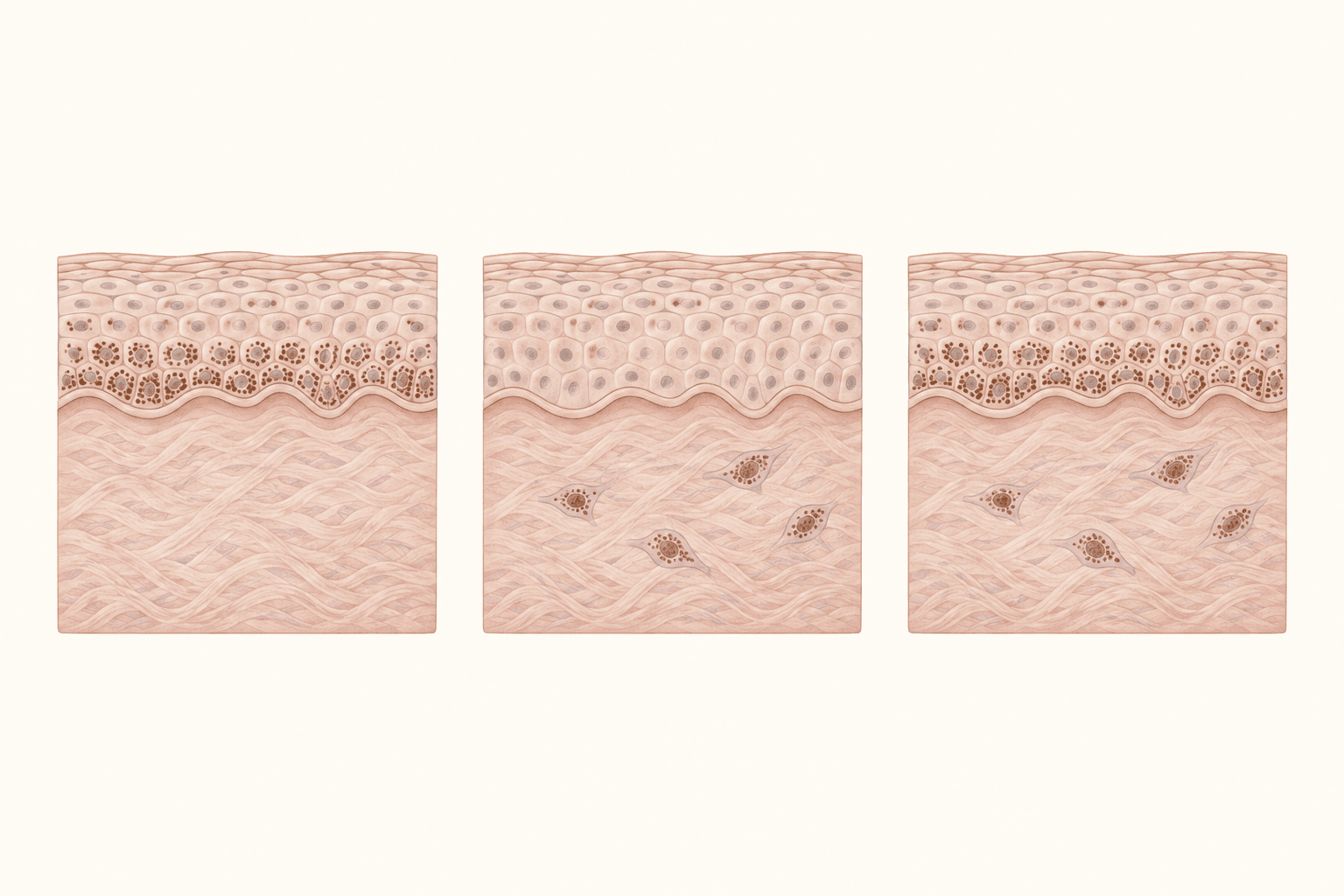Tres esquemas de piel: pigmento en la epidermis a la izquierda, en la dermis al centro y en ambas capas a la derecha.