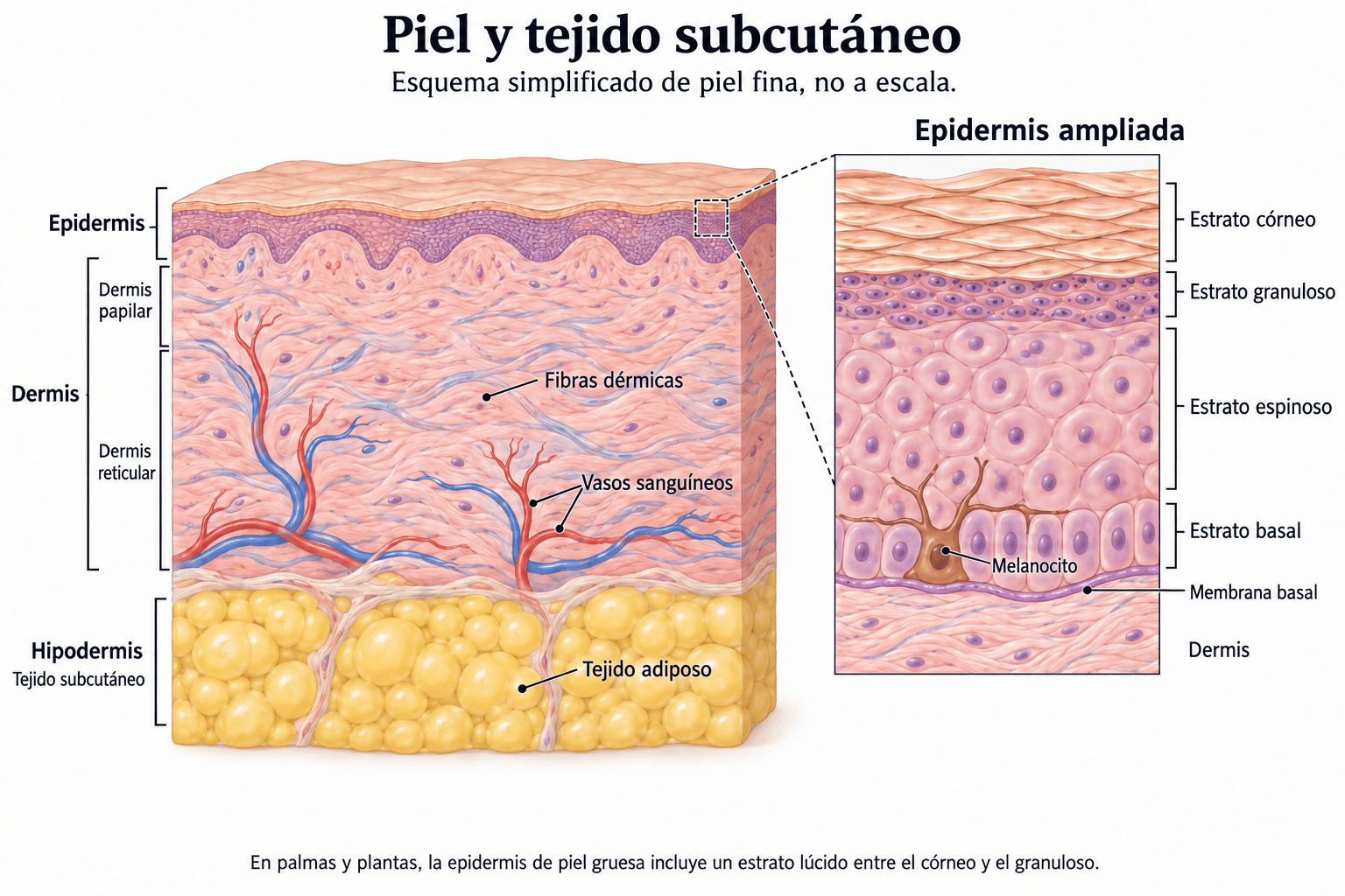 Corte de piel fina con epidermis, dermis e hipodermis y un recuadro ampliado de los cuatro estratos epidérmicos. Descripción completa a continuación.