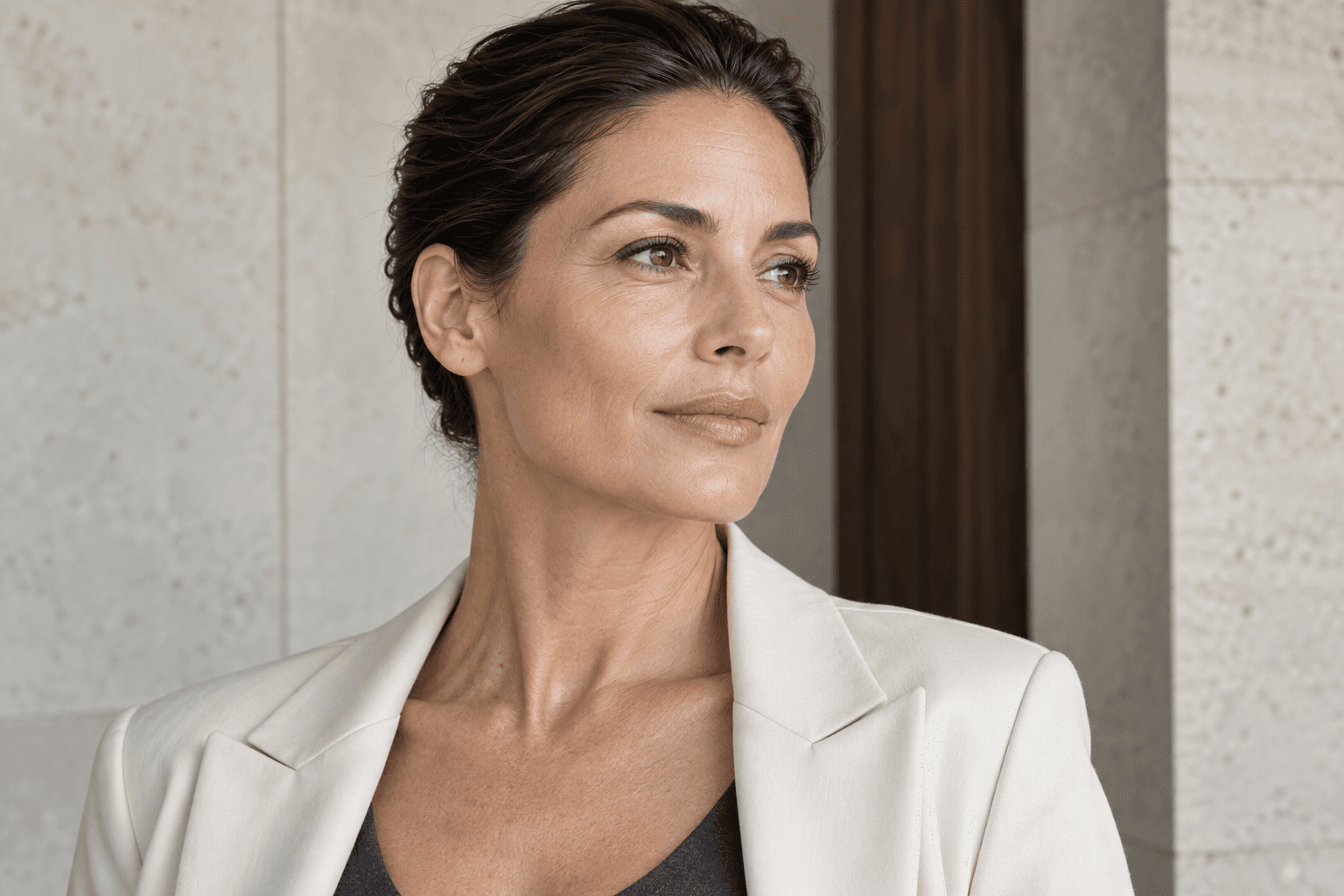 Retrato de una mujer con el rostro y el cuello visibles, cabello recogido y chaqueta marfil en luz natural.