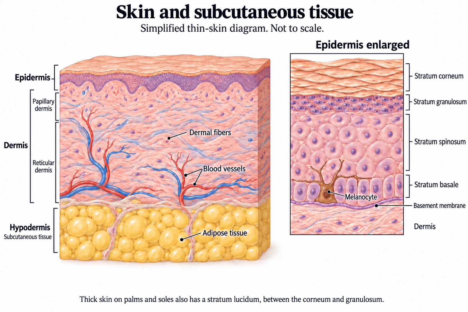 Thin-skin cross-section showing the epidermis, dermis and underlying hypodermis, with an enlarged view of the four epidermal strata. Full description follows.